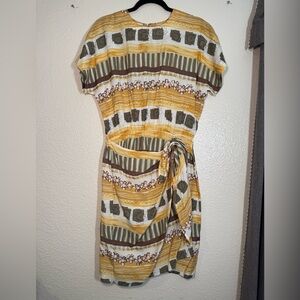 karin stevens Yellow and Olive Striped Tie-Waist Midi Dress